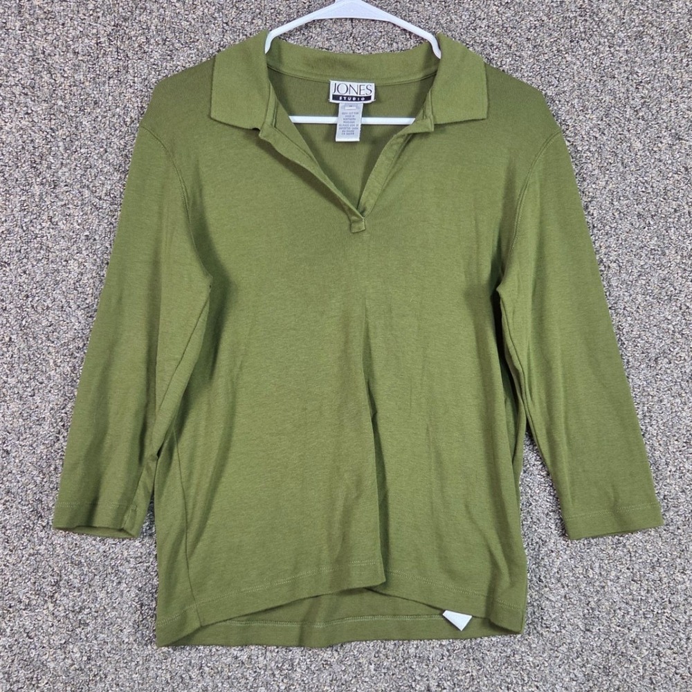 Jones Studio Polo Shirt Womens Medium Green 3/4 Sleeve Cotton Split Neck Ribbed - Picture 1 of 9